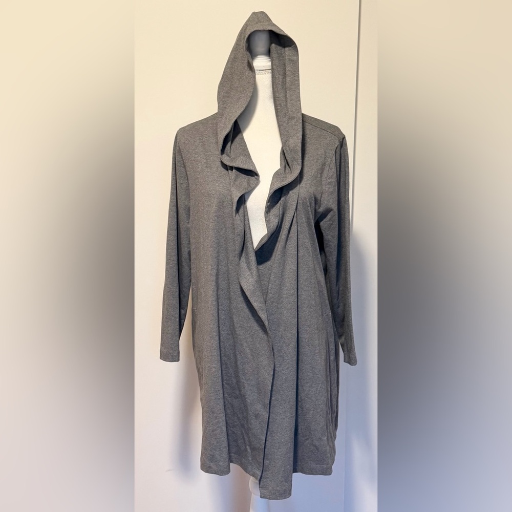 EILEEN FISHER Gray Long Open Front Jersey Hooded Lightweight Cardigan Large